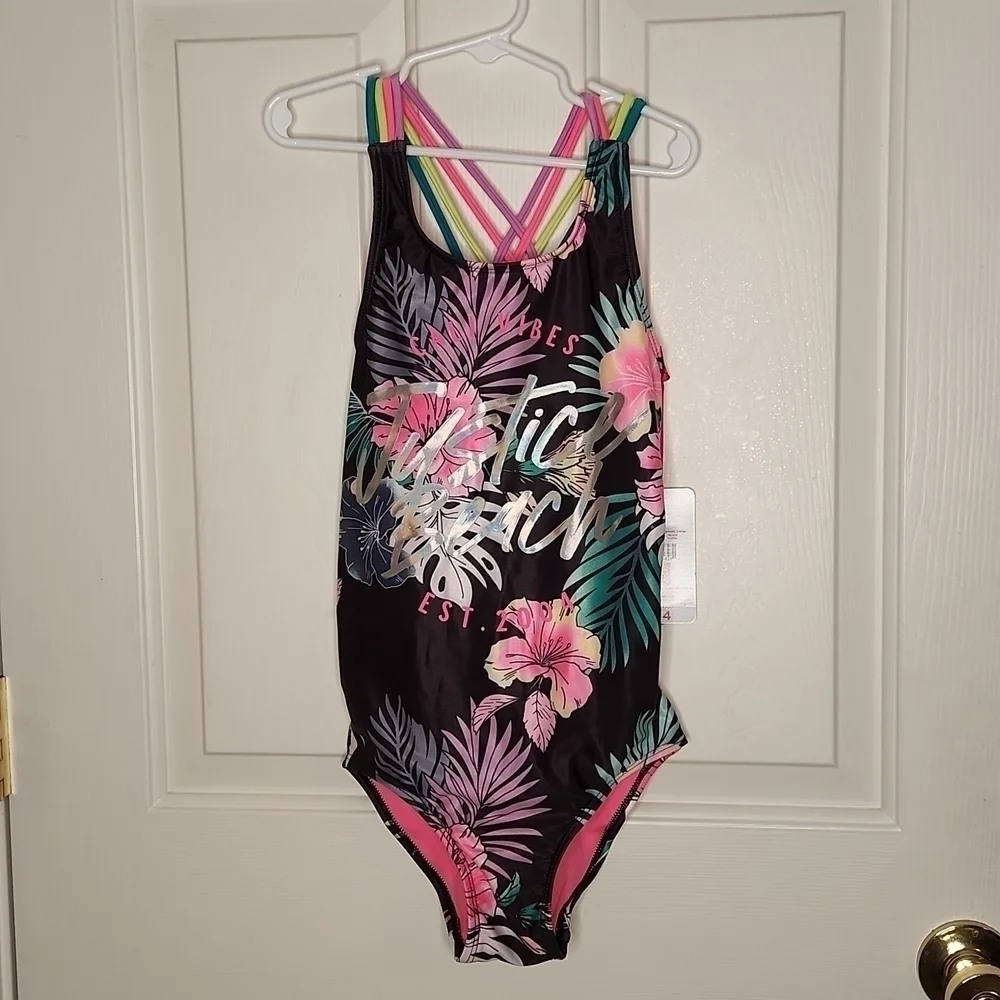Justice Graphic Racerback One-Piece Swimsuit Size M NWT